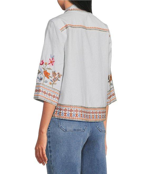 John Mark Petite Size Linen Blend Embroidered Floral Point Collar Short Sleeve Button Front Blouse Product Image