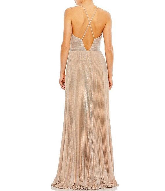Mac Duggal Metallic Pleated Deep V-Neck Crisscross Back Detail Sleeveless Gown Product Image