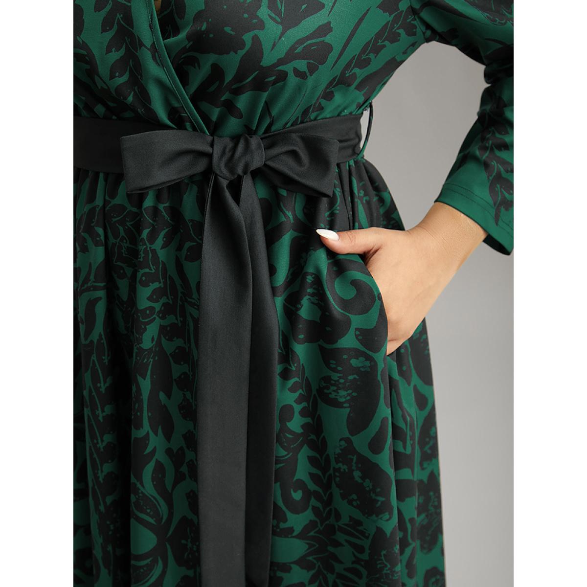 Plus Size Silhouette Floral Print Belted Wrap Dress Cyan Women Elegant Wrap Overlap Collar Long Sleeve Curvy Midi Dress BloomChic 14-16/1X Product Image