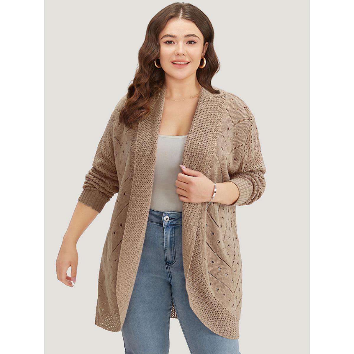 Plus Size Lapel Collar Geometric Eyelet Drop Shoulder Cardigan Rouge Women Casual Loose Long Sleeve Dailywear Cardigans BloomChic 22-24/3X Product Image