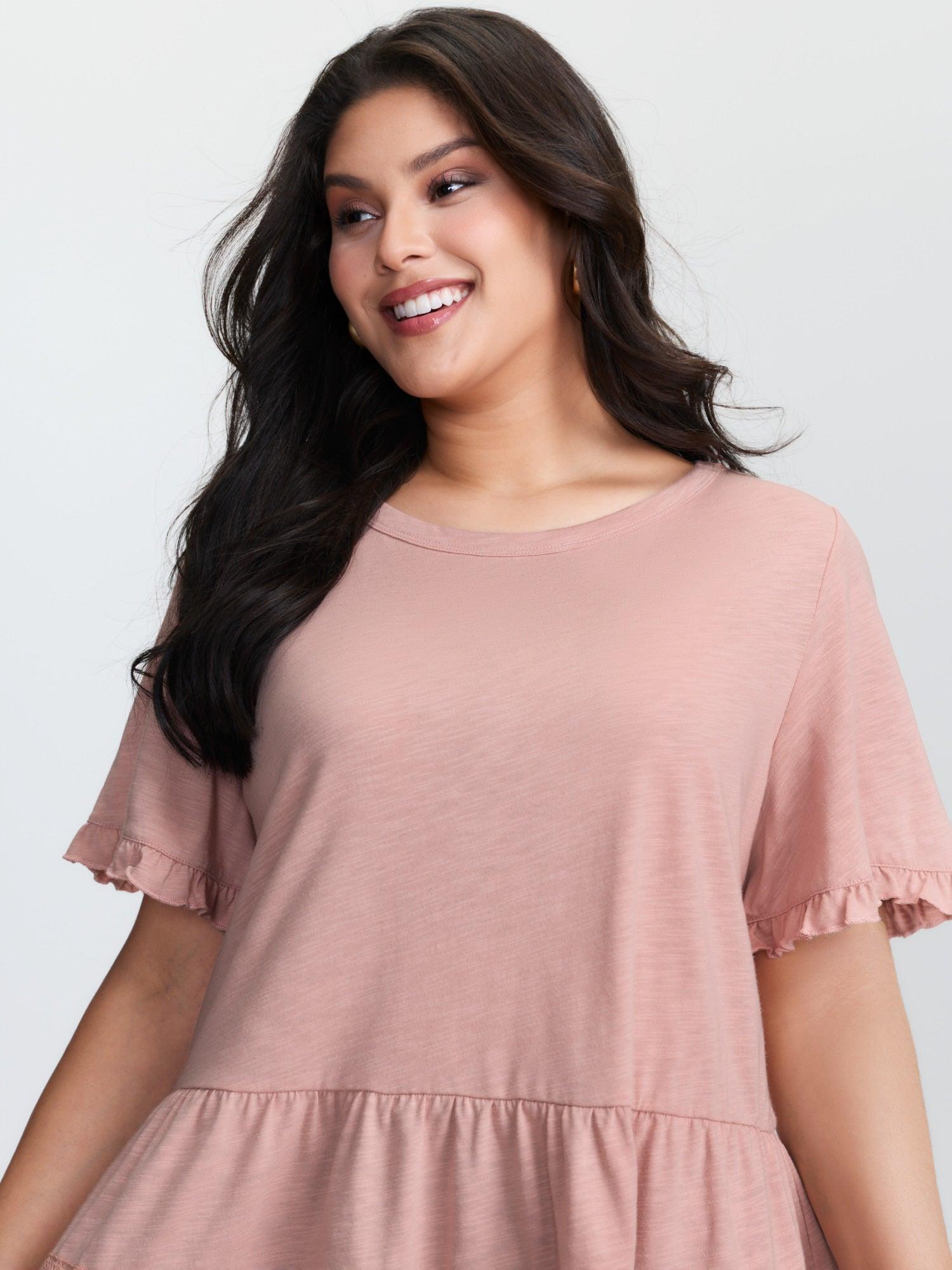 Lace Trim Ruffled Hem Plain Knit Top Female Product Image