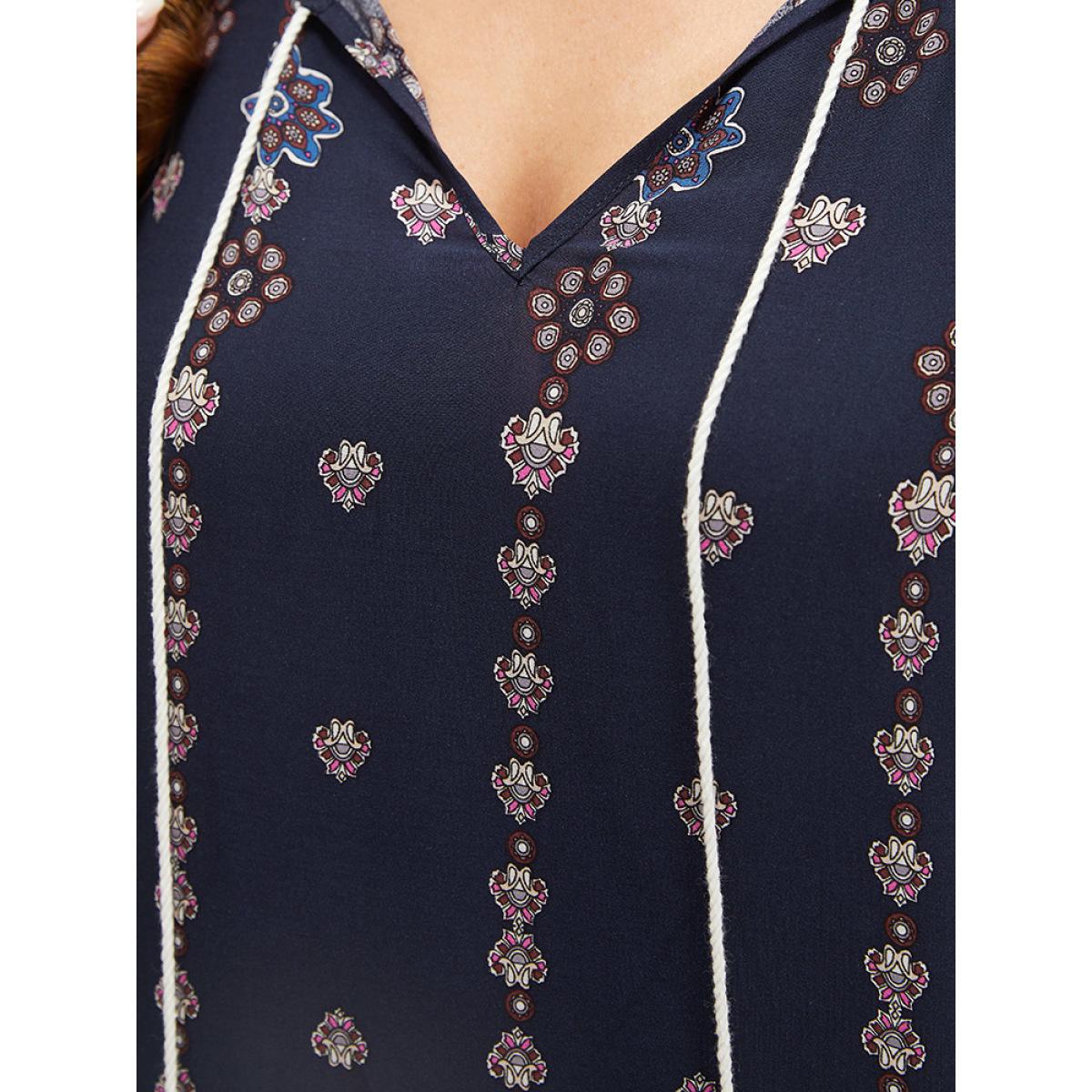 Plus Size Bandana Print Ties Pocket Tassels Detail Dress Scarlet Women Vacation Tassels V-neck Elbow-length sleeve Curvy Midi Dress BloomChic 28/5X Product Image