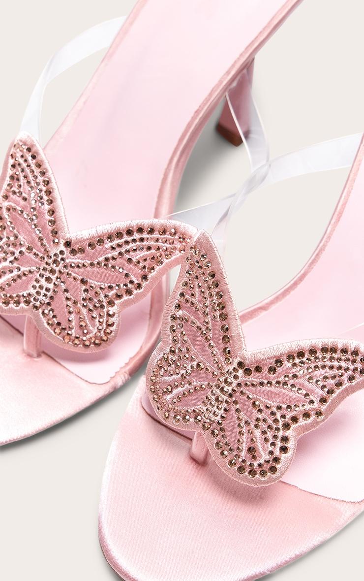 Pink Satin Round Toe Thong Diamante Butterfly Heeled Mules Product Image