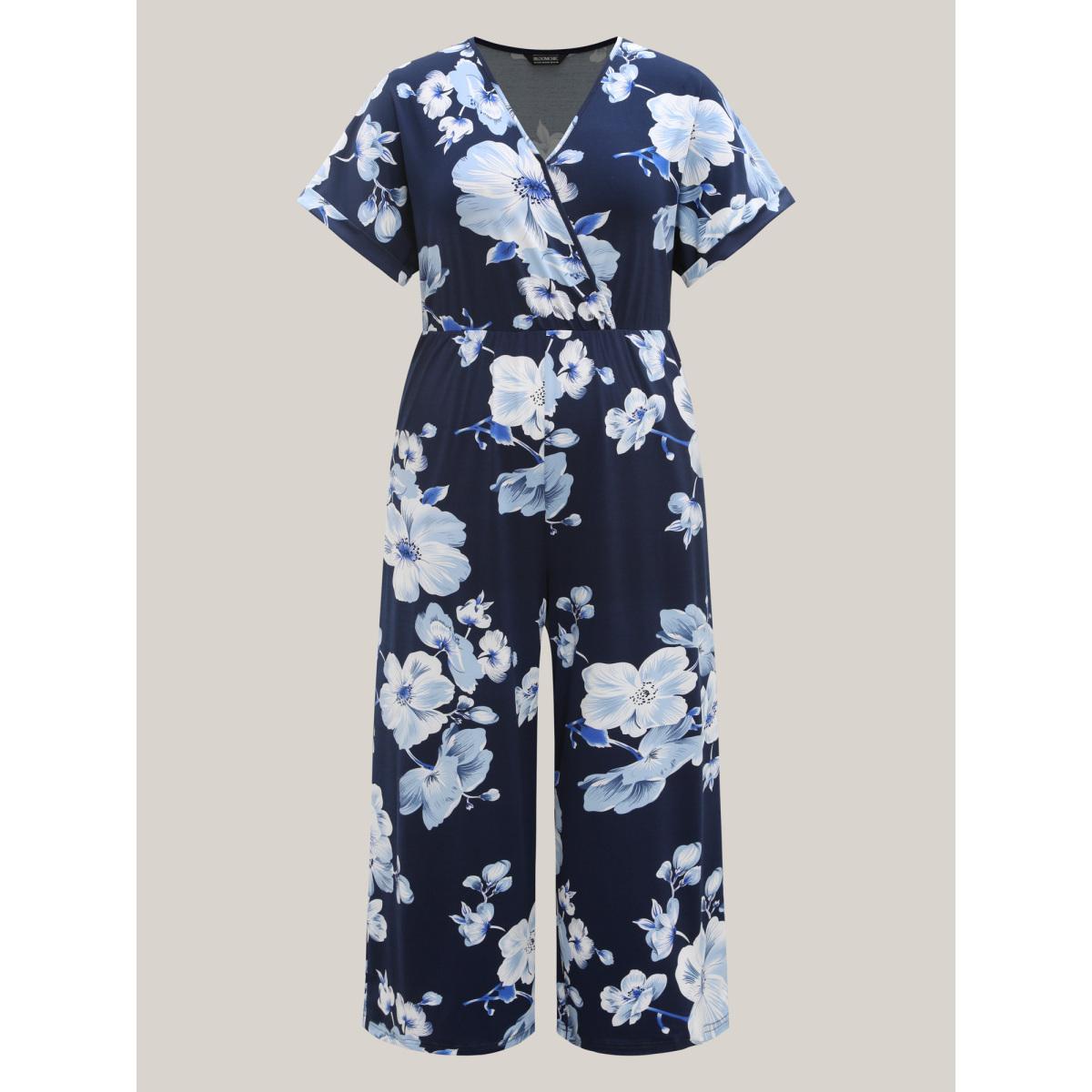 Plus Size DarkBlue Floral Print Knit Surplice Neck Jumpsuit Women Elegant Short sleeve Overlap Collar Everyday-Elegant Loose Jumpsuits BloomChic 22-24/3X Product Image