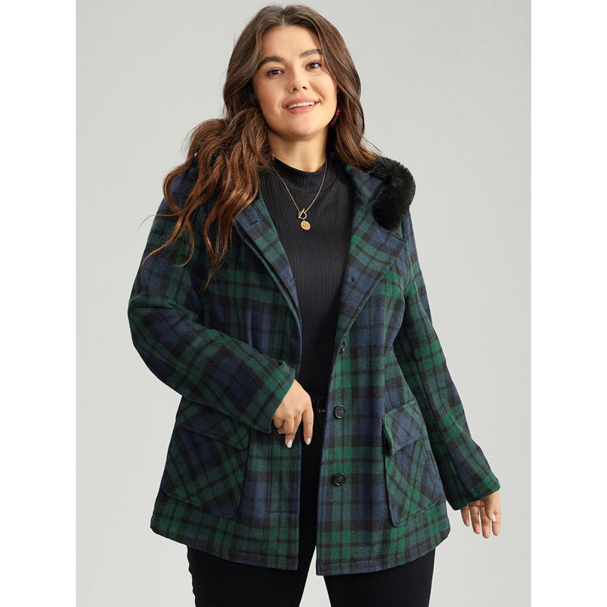 Plus Size Plaid Button Fly Hooded Fuzzy Trim Coat Women Emerald Casual Contrast Ladies Dailywear Winter Coats BloomChic 12/L Product Image