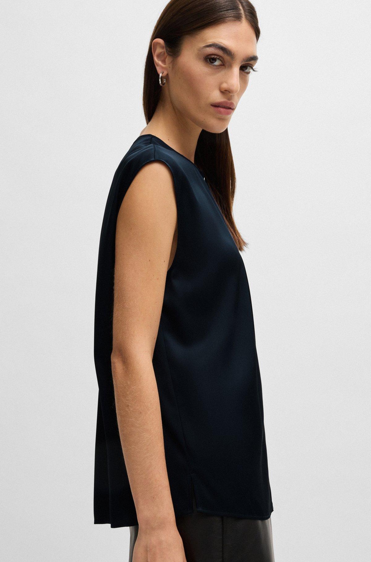 BOSS - Fitted sleeveless blouse in stretch silk with concealed placket - Black Product Image