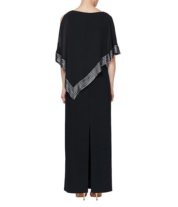 Ignite Evenings Asymmetrical 3/4 Capelet Cold Shoulder Sleeve Round Neck Metallic Trim Popover Dress Product Image