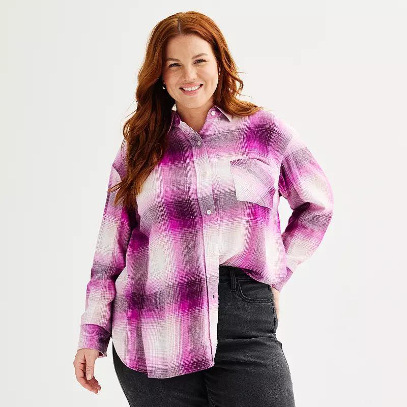 Plus Size Sonoma Goods For Life® Oversized Boyfriend Flannel Shirt, Women's, Size: 1XL, Moss Green Plaid Product Image