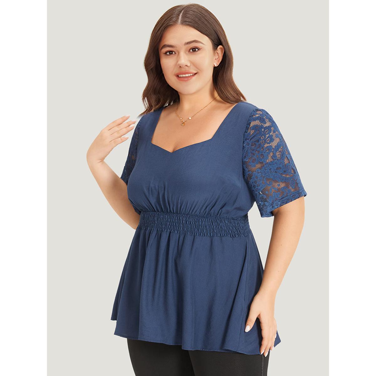 Plus Size Indigo Supersoft Essentials Crochet Lace Mesh Shirred Ruffle Hem Gathered Blouse Women Elegant Short sleeve Square Neck Dailywear Blouses BloomChic 14-16/1X Product Image