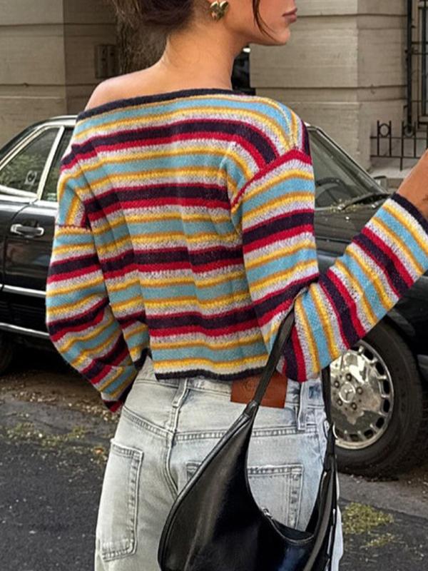 Colourful Striped Off-The-Shoulder Top Long Sleeve Product Image