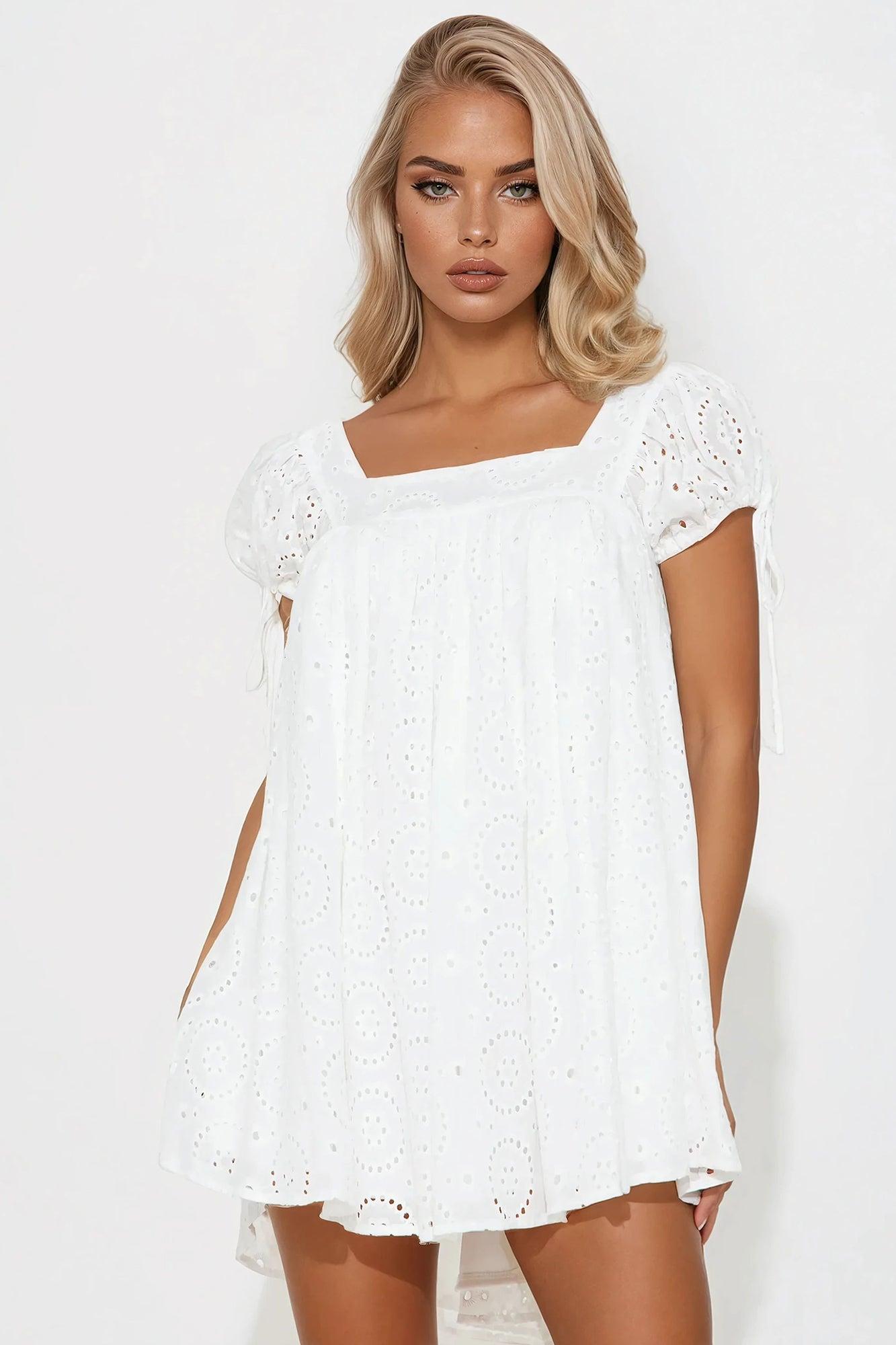 Maya Eyelet Mini Dress - White Product Image