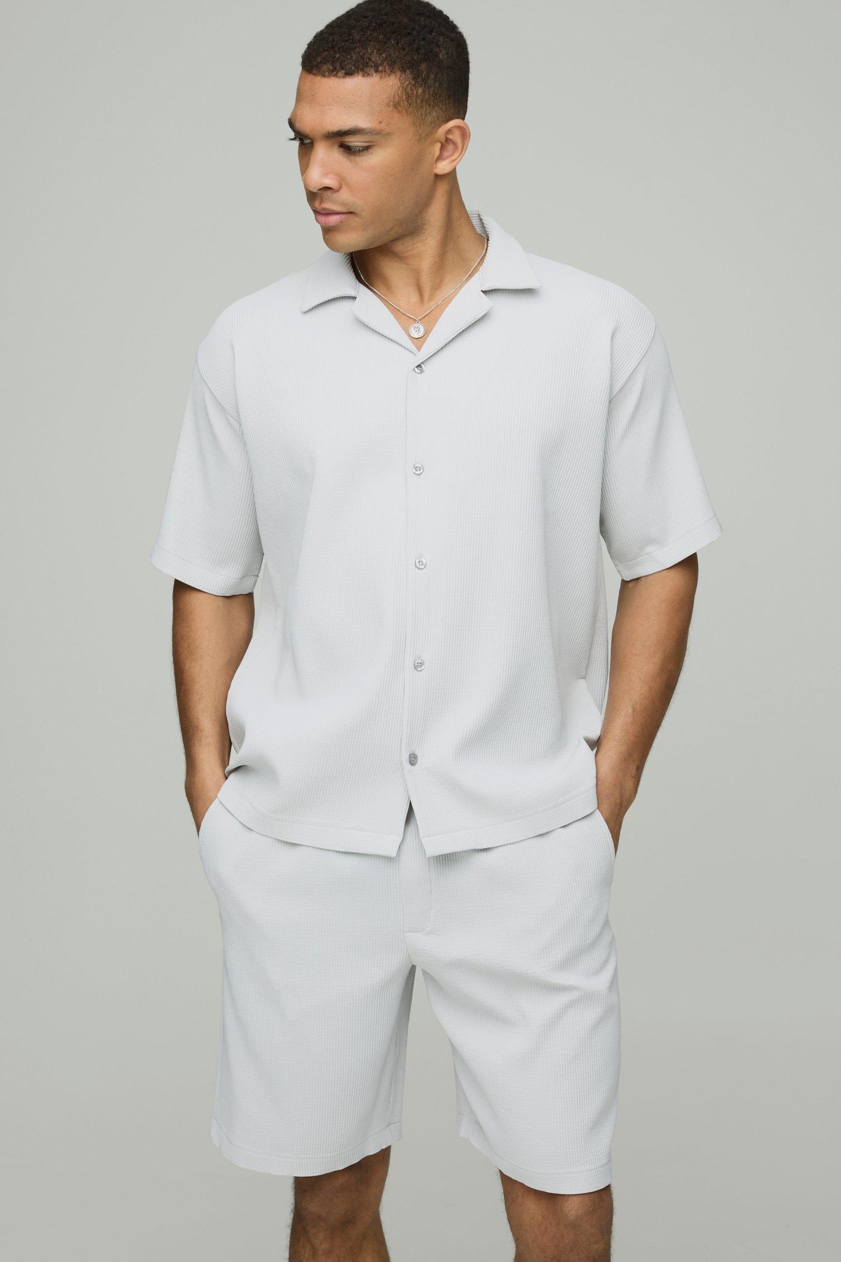 Oversized Short Sleeve Pleated Shirt And Short Set | boohooMAN USA Product Image