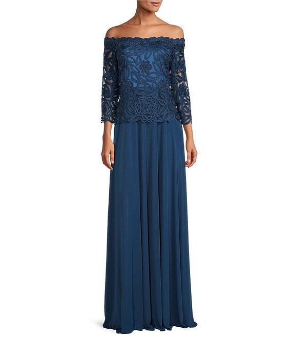 Soulmates Embroidered Floral Lace Bodice 3/4 Sleeve Square Neck Gown Product Image