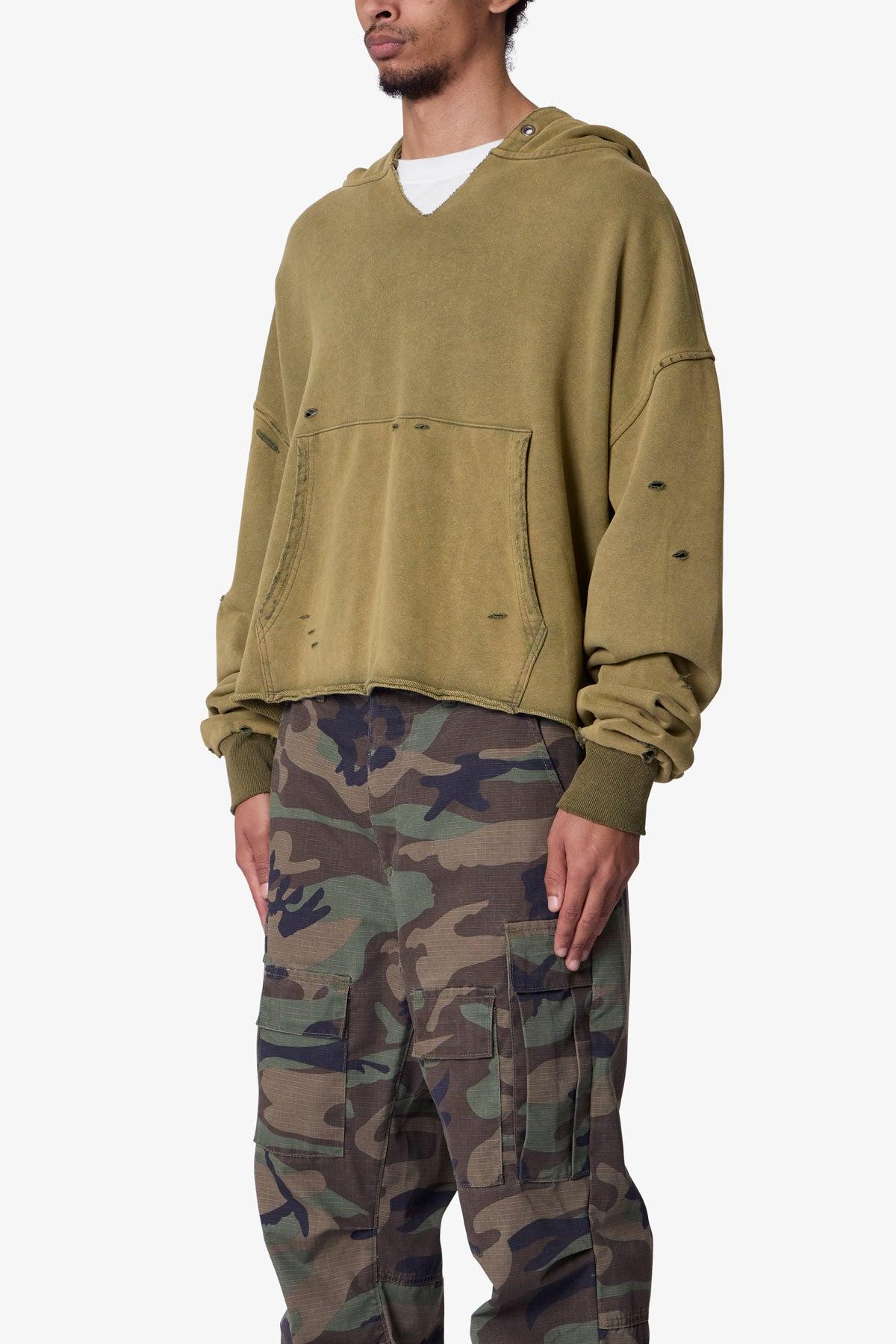 Destroyed V Neck Hoodie - Washed Olive Product Image