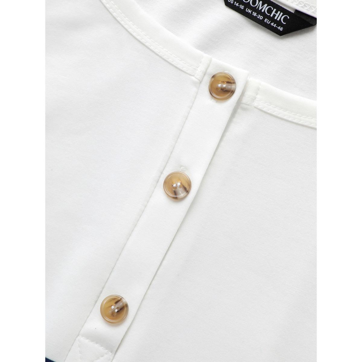 Plus Size Striped Print Raglan Sleeve Button Up T-shirt White Women Casual Contrast Striped Round Neck Everyday T-shirts BloomChic 30/6X Product Image