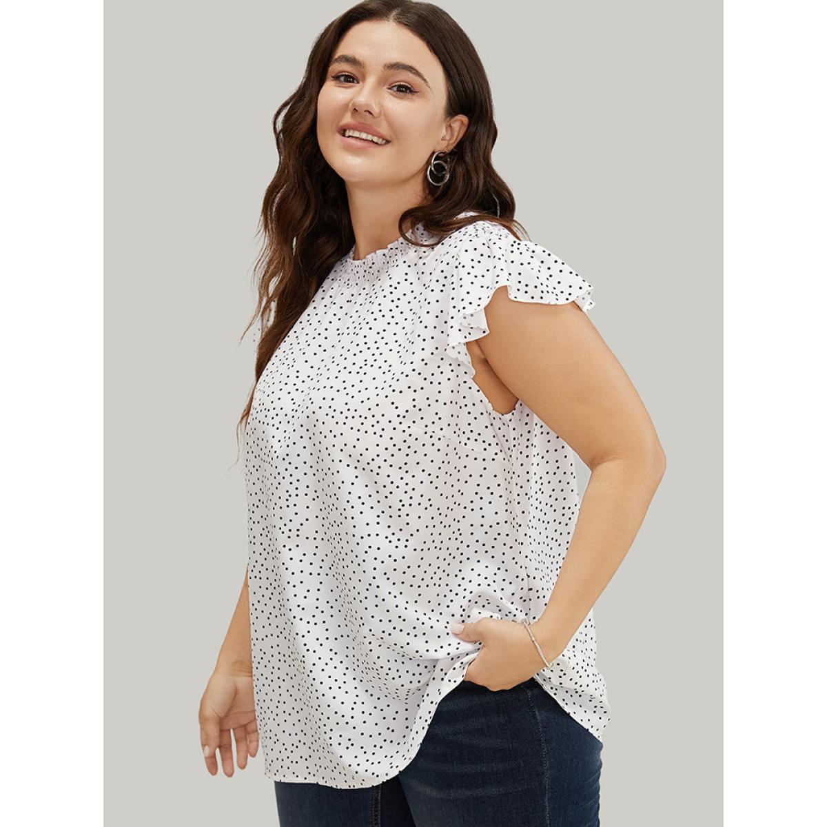 Plus Size White Polka Dot Shirred Mock Neck Cap Sleeve Blouse Women Elegant Cap Sleeve Mock Neck Everyday Blouses BloomChic 22-24/3X Product Image
