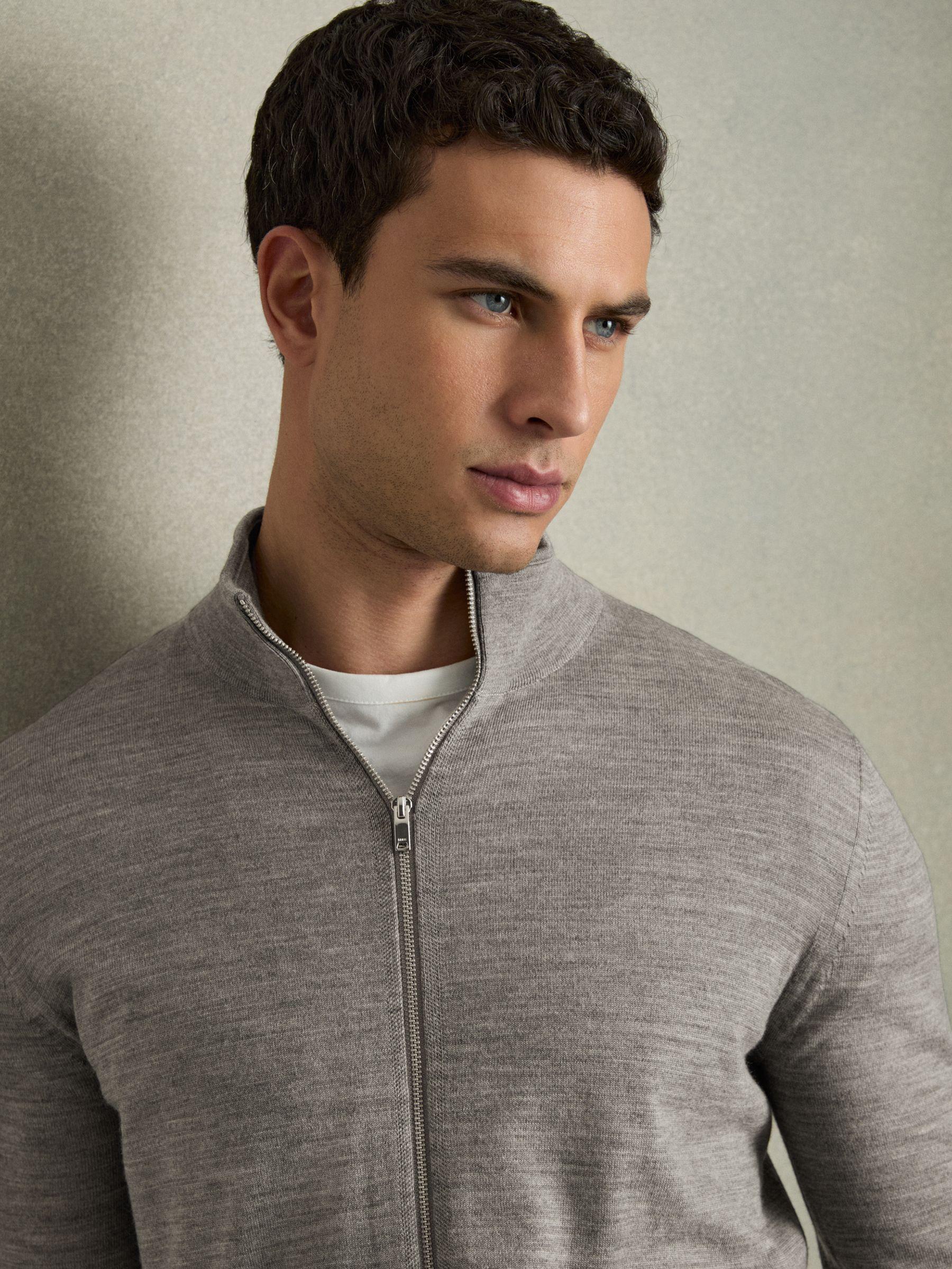 Merino Wool Funnel-Neck Cardigan in Warm Grey Melange Product Image