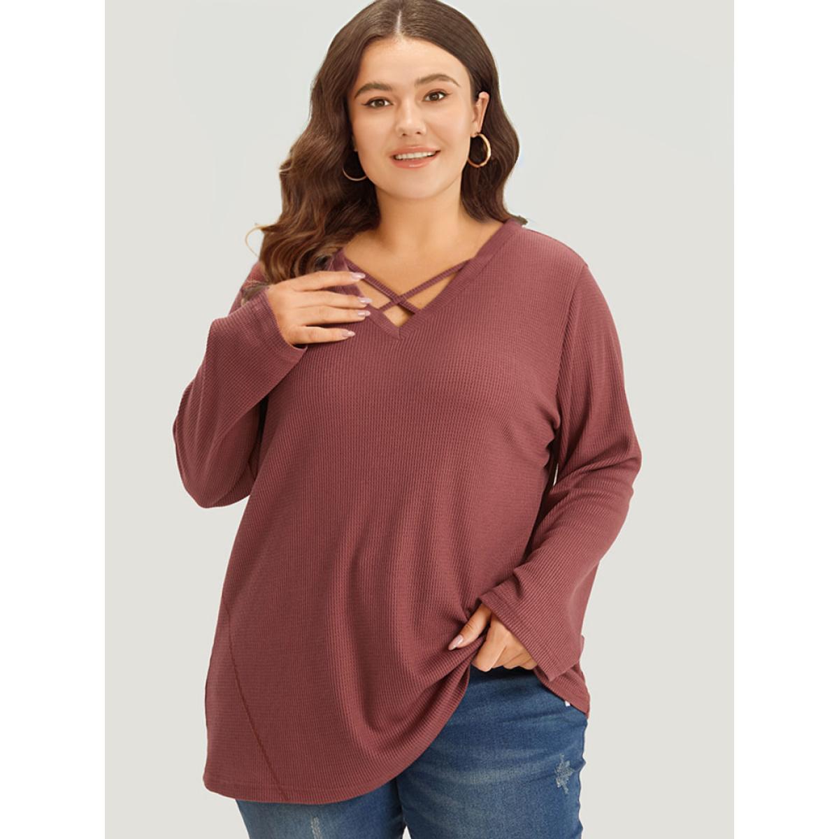 Plus Size Waffle Knit Crisscross Neck Long Sleeve T-shirt DustyPink Women Casual Texture Plain V-neck Dailywear T-shirts BloomChic 30/6X Product Image