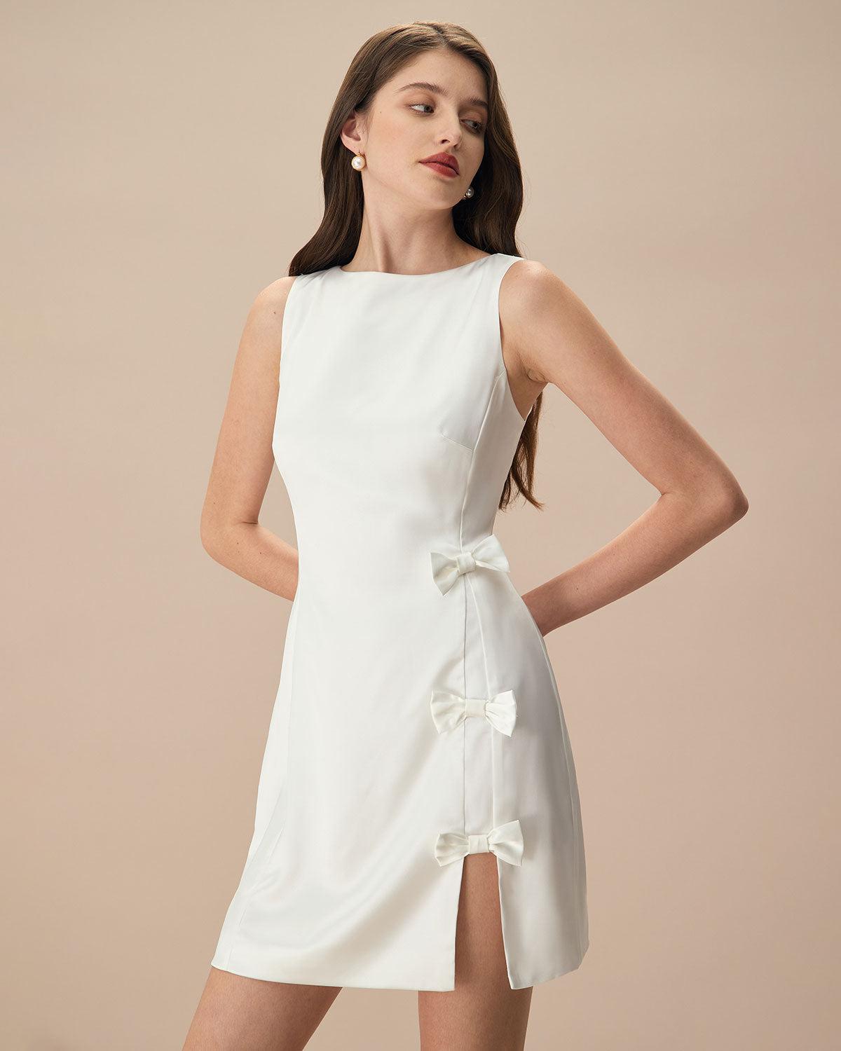 The White Boat Neck Bowknot Satin Mini Dress Product Image