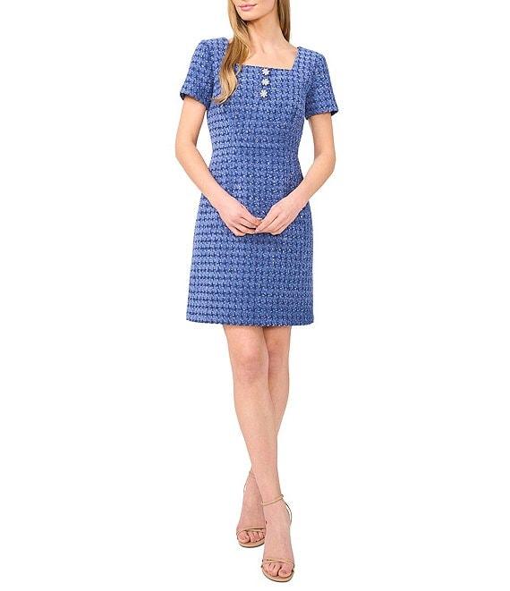 CeCe Tweed Square Neck Short Sleeve Embellished A-Line Dress Product Image