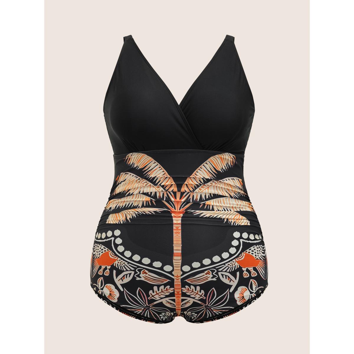 Plus Size Overlap Collar Tropical Print Gathered One Piece Swimsuit Women's Swimwear Black Beach Gathered Curve Bathing Suits High stretch One Pieces BloomChic 12/L Product Image