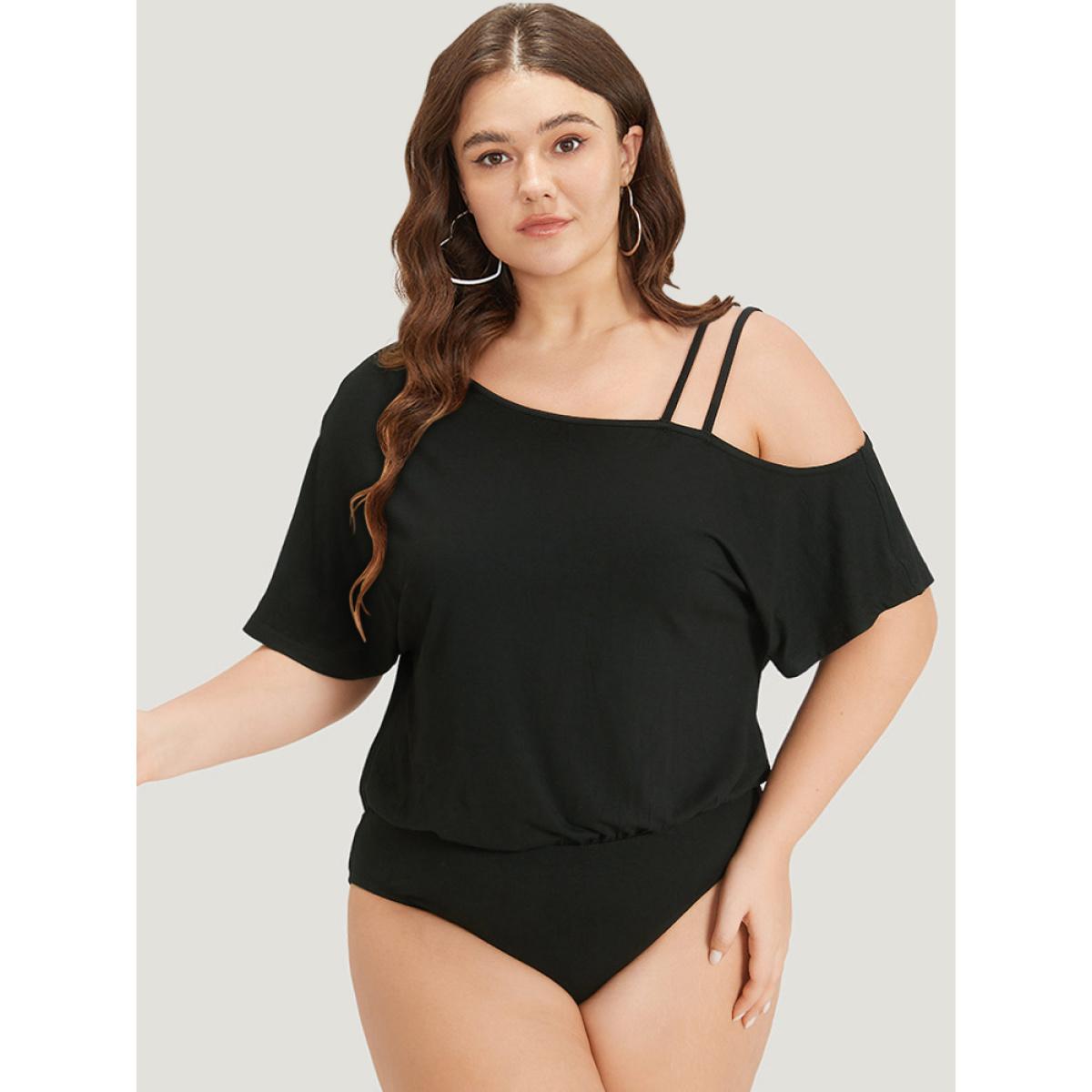 Plus Size Plain One Shoulder Batwing Sleeve Cami Bodysuit Women Black Plain One-shoulder Bodysuits BloomChic 22-24/3X Product Image