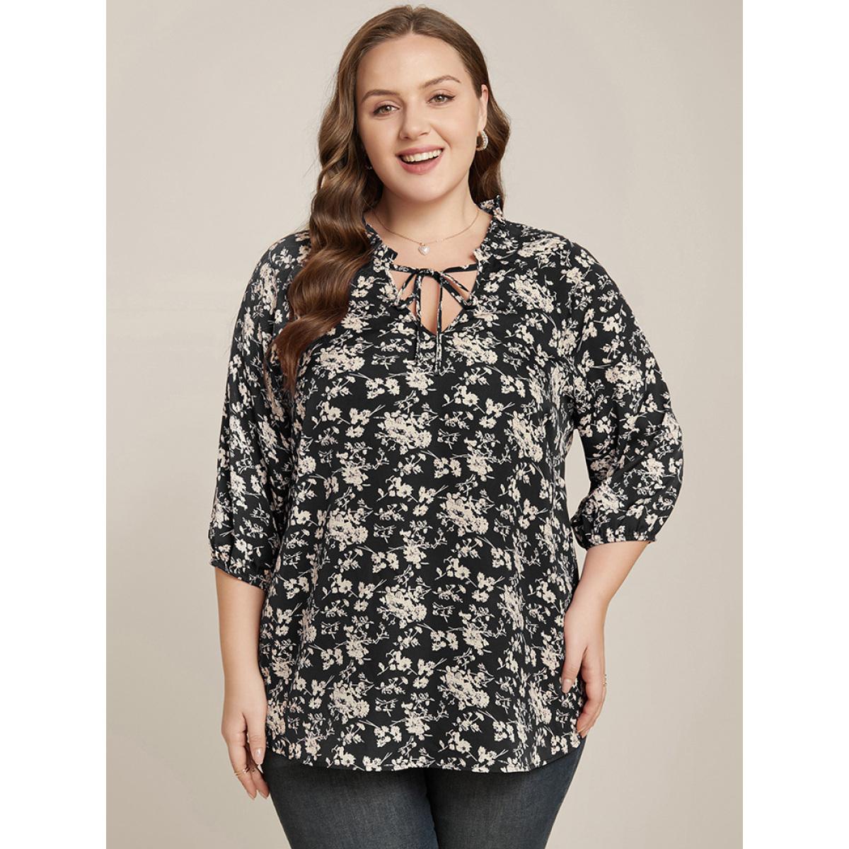 Plus Size Black Floral Print Lantern Sleeve Tie V Neck Blouse Women Elegant Elbow-length sleeve V-neck Dailywear Blouses BloomChic 14-16/1X Product Image