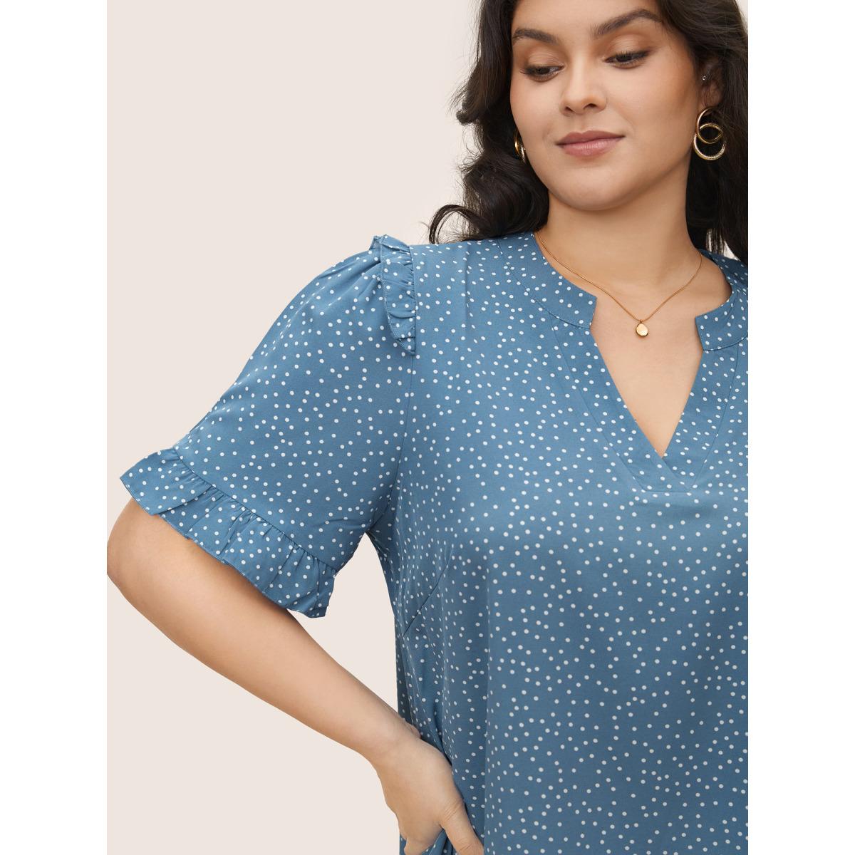 Polka Dot Ruffles Plus Size Women Blouses Elegance Casual Ruffles Ruffle Sleeve Short Sleeve V Neck Dailywear Blouses BloomChic Product Image