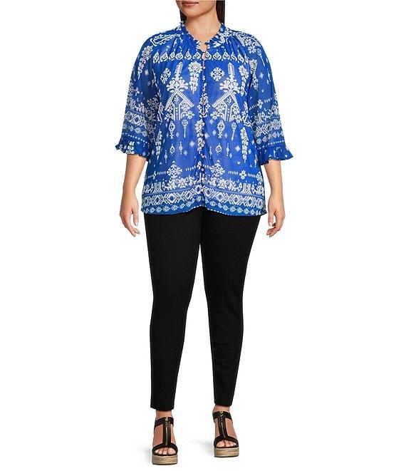 Calessa Plus Size Mesh Knit Split V-Neck 3/4 Sleeve Border Henna Print Tunic Product Image