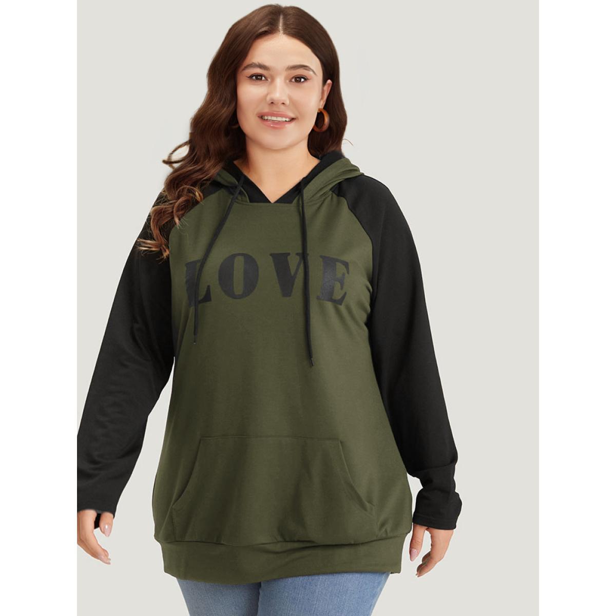 Plus Size Letter Print Contrast Hooded Pocket Drawstring Sweatshirt Women ArmyGreen Casual Elastic cuffs Dailywear Sweatshirts BloomChic 30/6X Product Image