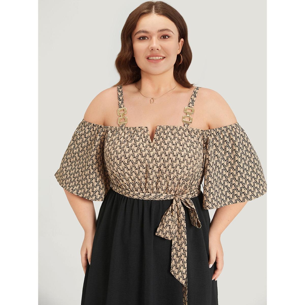Plus Size Geometric Patchwork Pocket Belted Cold Shoulder Dress Tan Women Office Adjustable Straps Keyhole Cut-Out Half Sleeve Curvy Knee Dress BloomChic 14-16/1X Product Image
