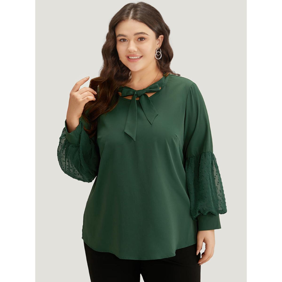 Plus Size DarkGreen Knot Neck Lace Patchwork Lantern Sleeve Blouse Women Office Long Sleeve Tie Neck Office Blouses BloomChic 14-16/1X Product Image