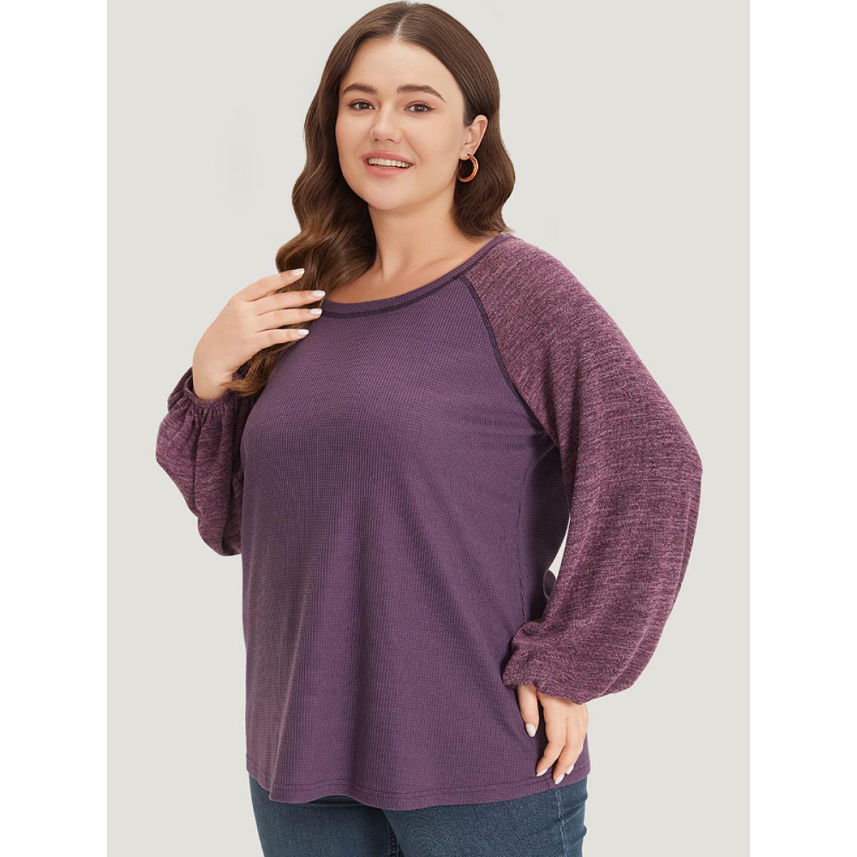 Plus Size Contrast Patchwork Heather Lantern Sleeve Sweatshirt Women Purple Casual Patchwork Round Neck Dailywear Sweatshirts BloomChic 10/M Product Image