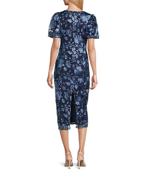 Marina Flower Embroidered Tulle Square Neck Puff Short Sleeve Midi Dress Product Image