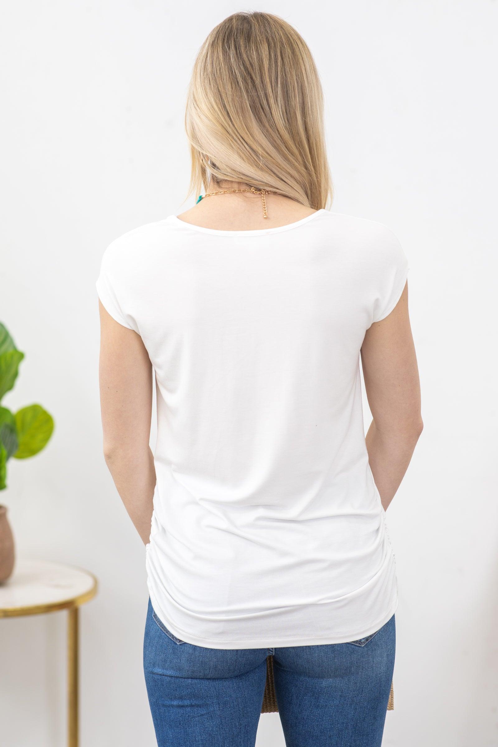 Off White Shirred Side Short Sleeve Knit Top Product Image