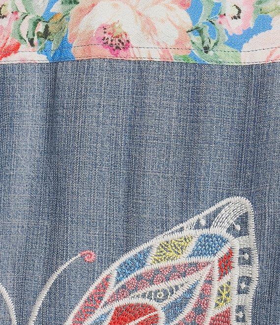 John Mark Plus Size Embroidered Multi Floral Point Collar Long Roll-Tab Sleeve Tie-Front Top Product Image