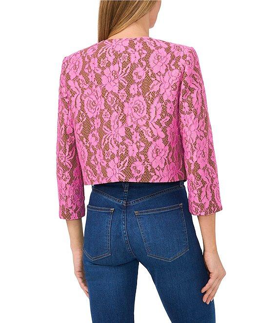 CeCe Lace Overlay Round Neck 3/4 Sleeve Cropped Button-Front Jacket Product Image