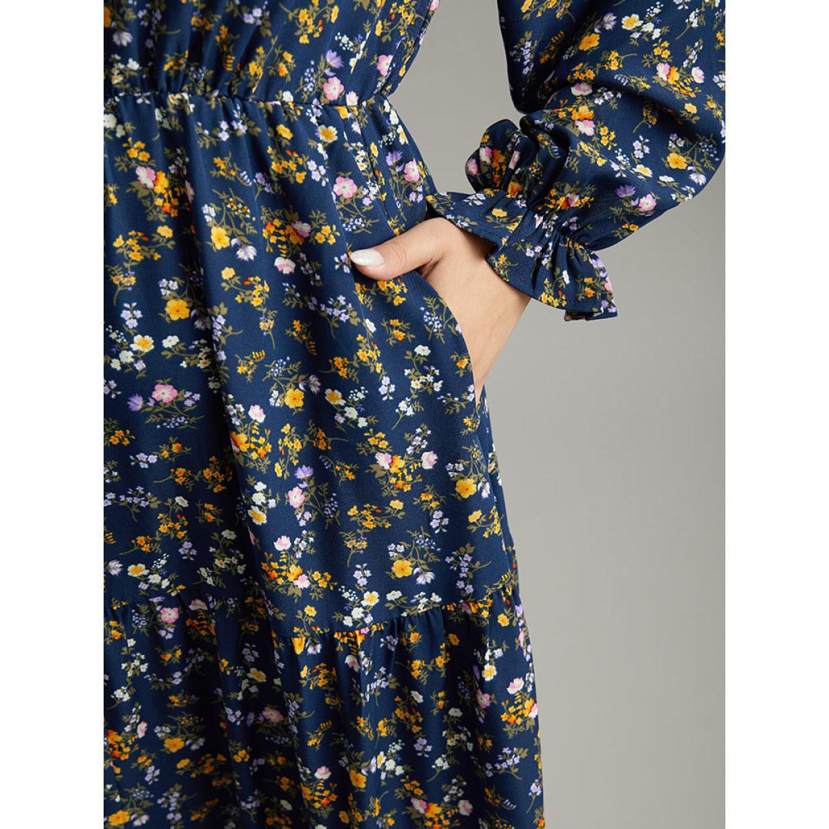 Plus Size Ditsy Floral Button Detail Ruffles Pocket Dress Navy Women Office Printed V-neck Long Sleeve Curvy Midi Dress BloomChic 14-16/1X Product Image