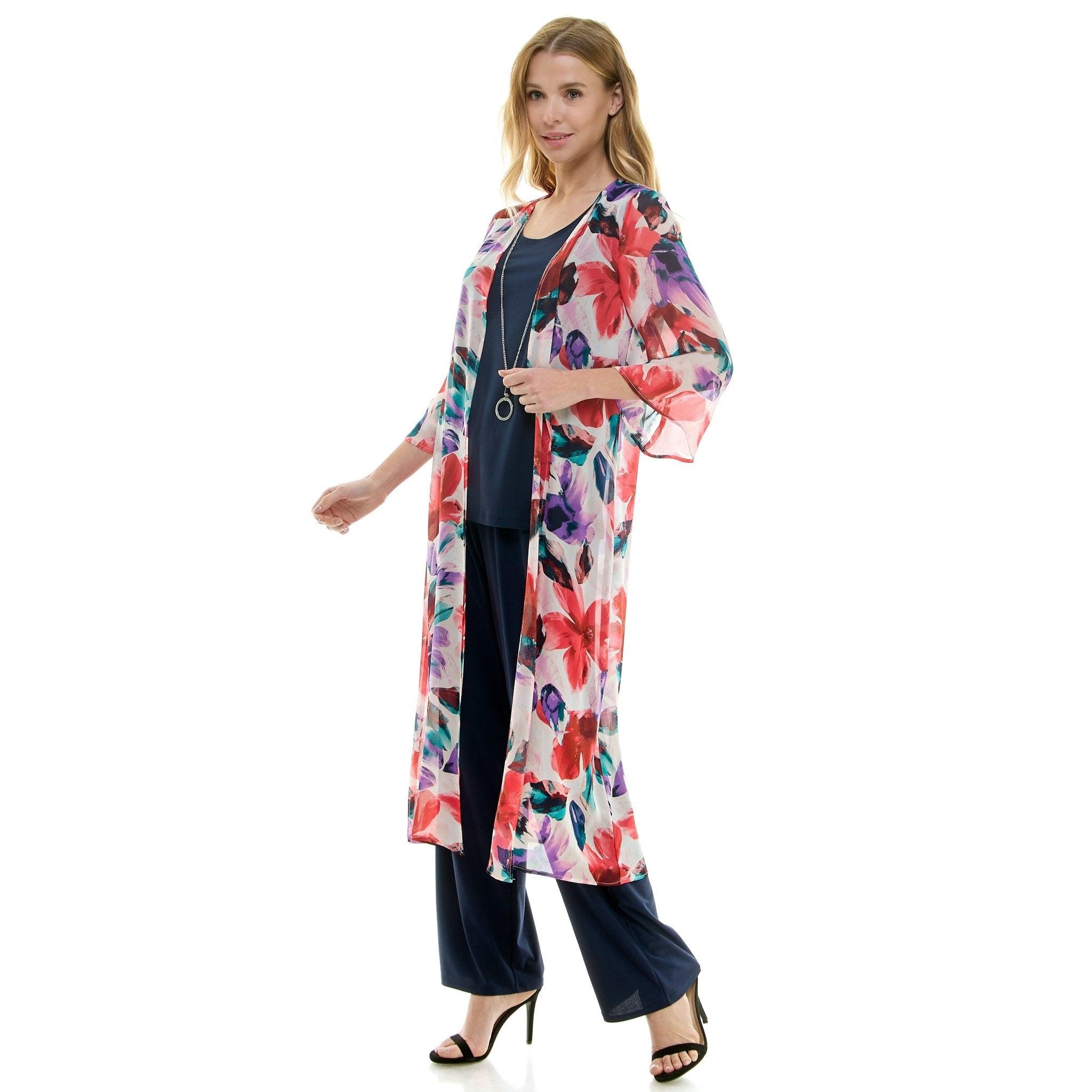 Sara Michelle Floral 3/4 2Fer Duster W/ Necklace And Elastic Pull On Pant Product Image