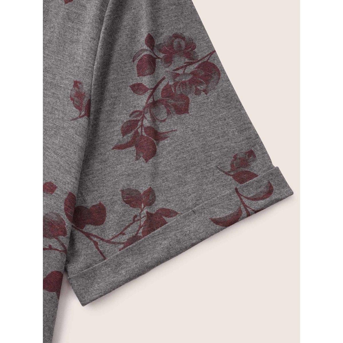 Plus Size Plants Print Roll Hem T-shirt DimGray Women Casual Non Plants Round Neck Everyday T-shirts BloomChic 12/L Product Image