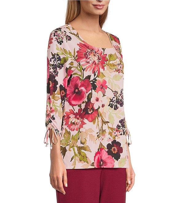 Allison Daley Petite Size Pansy Garden Print Embellished 3/4 Ruched Tie Sleeve Square Neck Knit Top Product Image