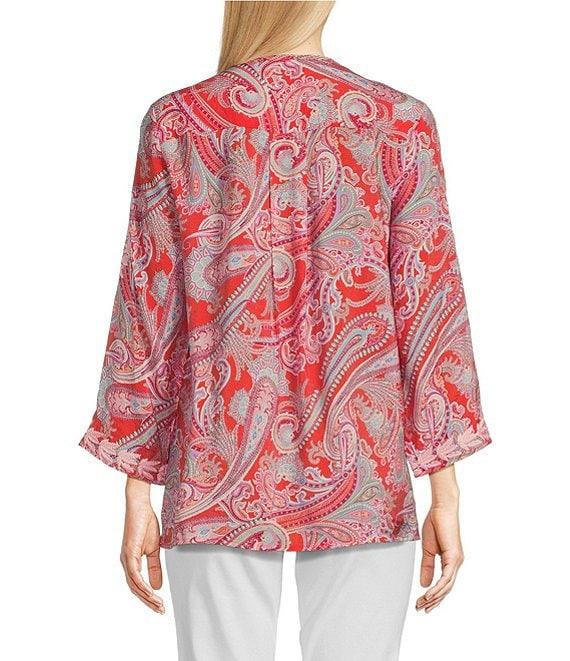 Calessa Petite Size Woven Embroidered Printed Split V-Neck Wrist Length Sleeve Tunic Product Image