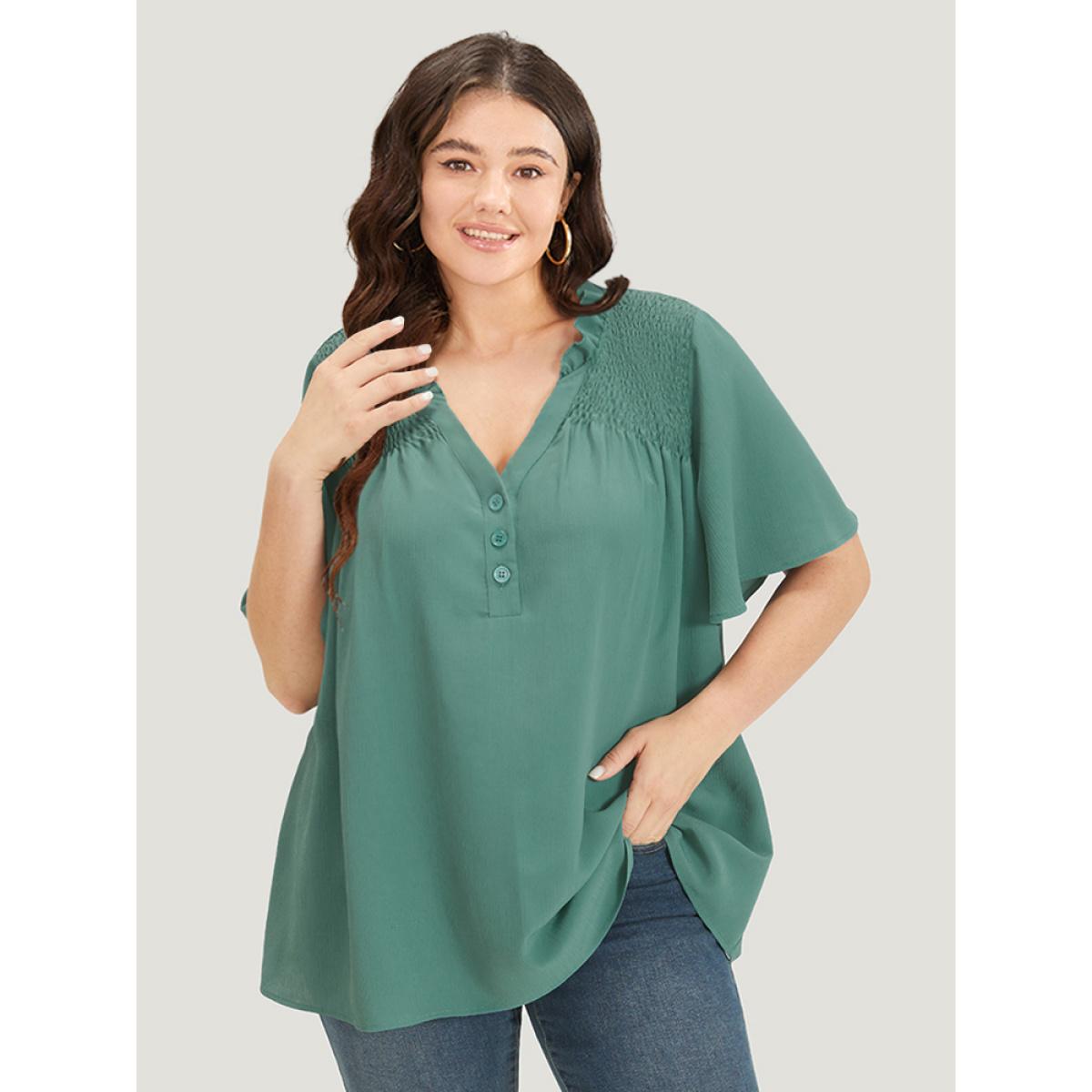 Plus Size Aegean Plain Shirred Button Through Frill Trim Stand Collar Blouse Women Elegant Short sleeve V-neck Dailywear Blouses BloomChic 12/L Product Image