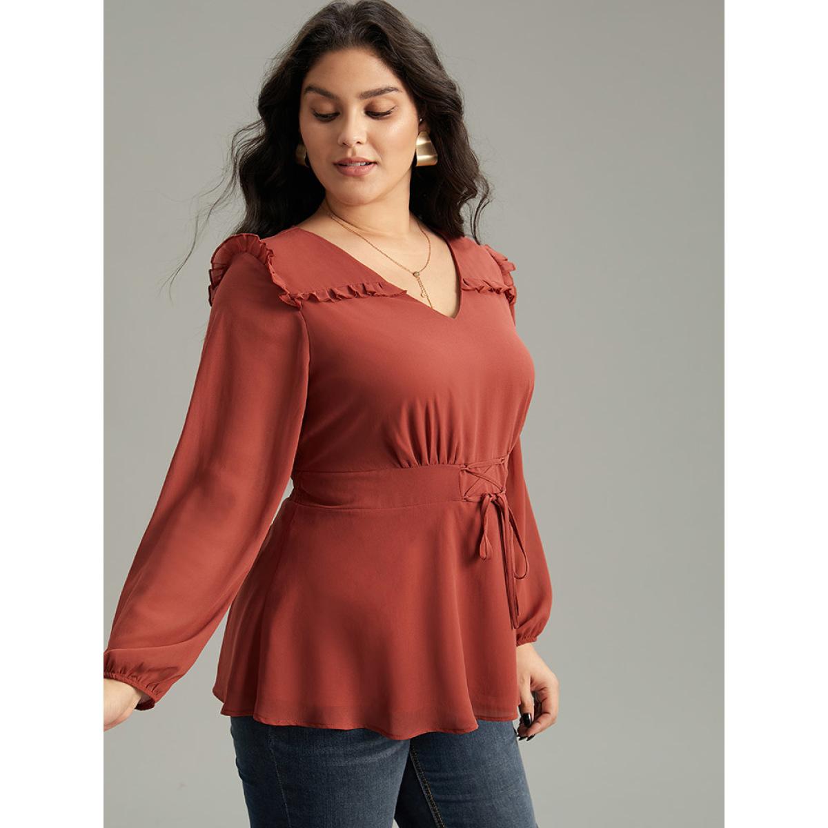 Plus Size Rust Chiffon Lace Up Shirred Frill Trim Blouse Women Office Long Sleeve V-neck Office Blouses BloomChic 18-20/2X Product Image