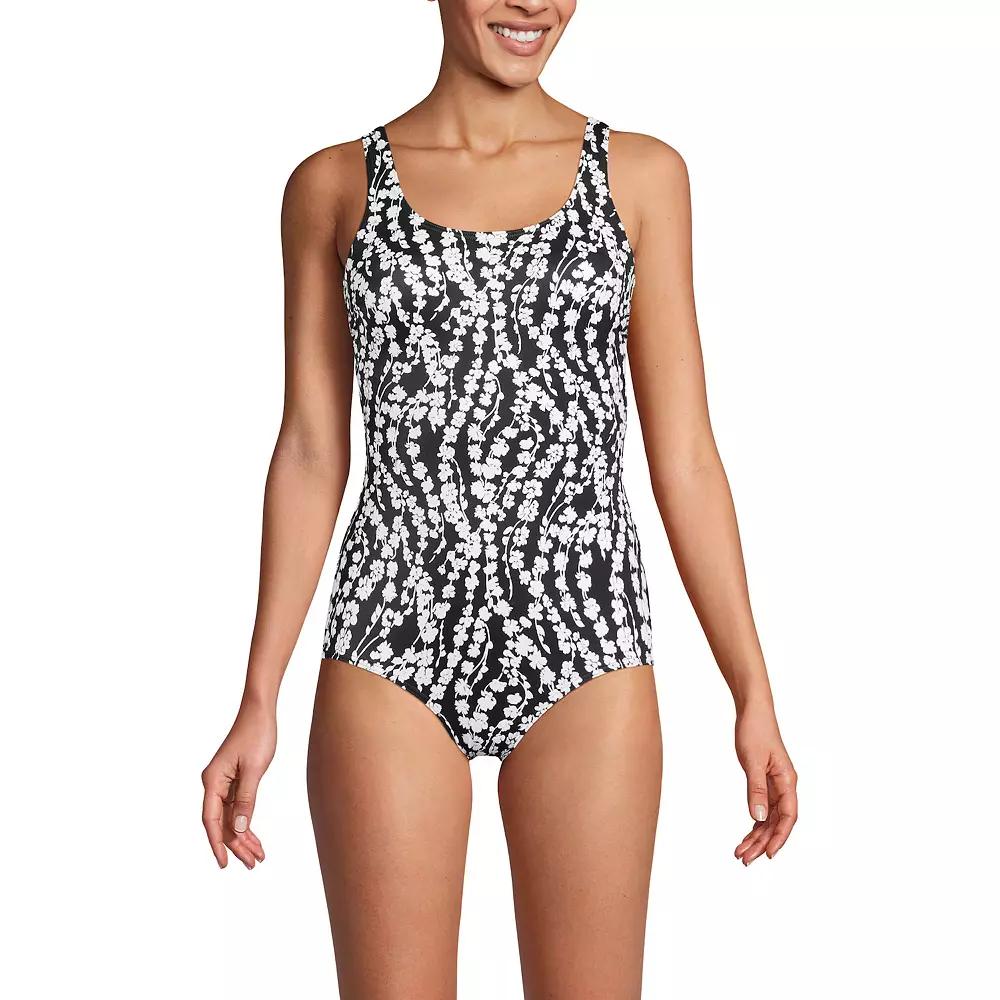 Women's Lands' End D-Cup Chlorine-Resistant Tugless Sporty One-Piece Swimsuit, Size: 10D, Black White Floral Product Image