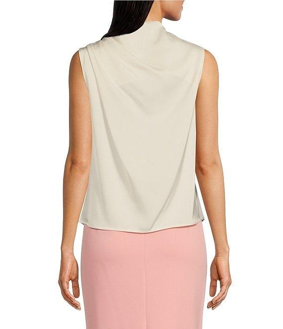 Donna Karan Draped Satin Sleeveless Mock Neck Gathered Shoulder Blouse Product Image