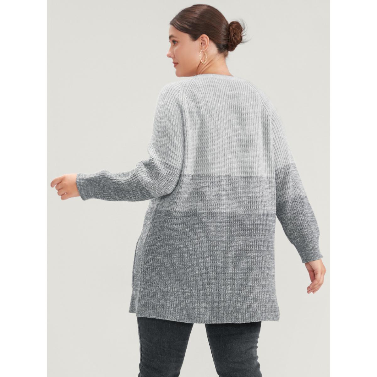 Plus Size Ombre Pointelle Knit Pocket Button Front Cardigan DimGray Women Elegant Loose Long Sleeve Dailywear Cardigans BloomChic 22-24/3X Product Image