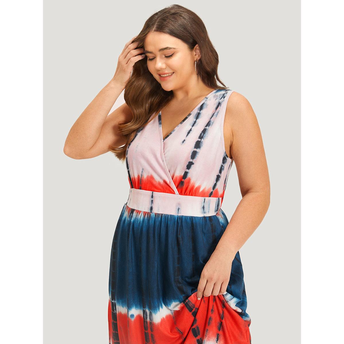 Plus Size Tie Dye Pocket Wrap Arc Hem Tank Dress Multicolor Women Casual Arc Hem V-neck Sleeveless Curvy Midi Dress BloomChic 10/M Product Image