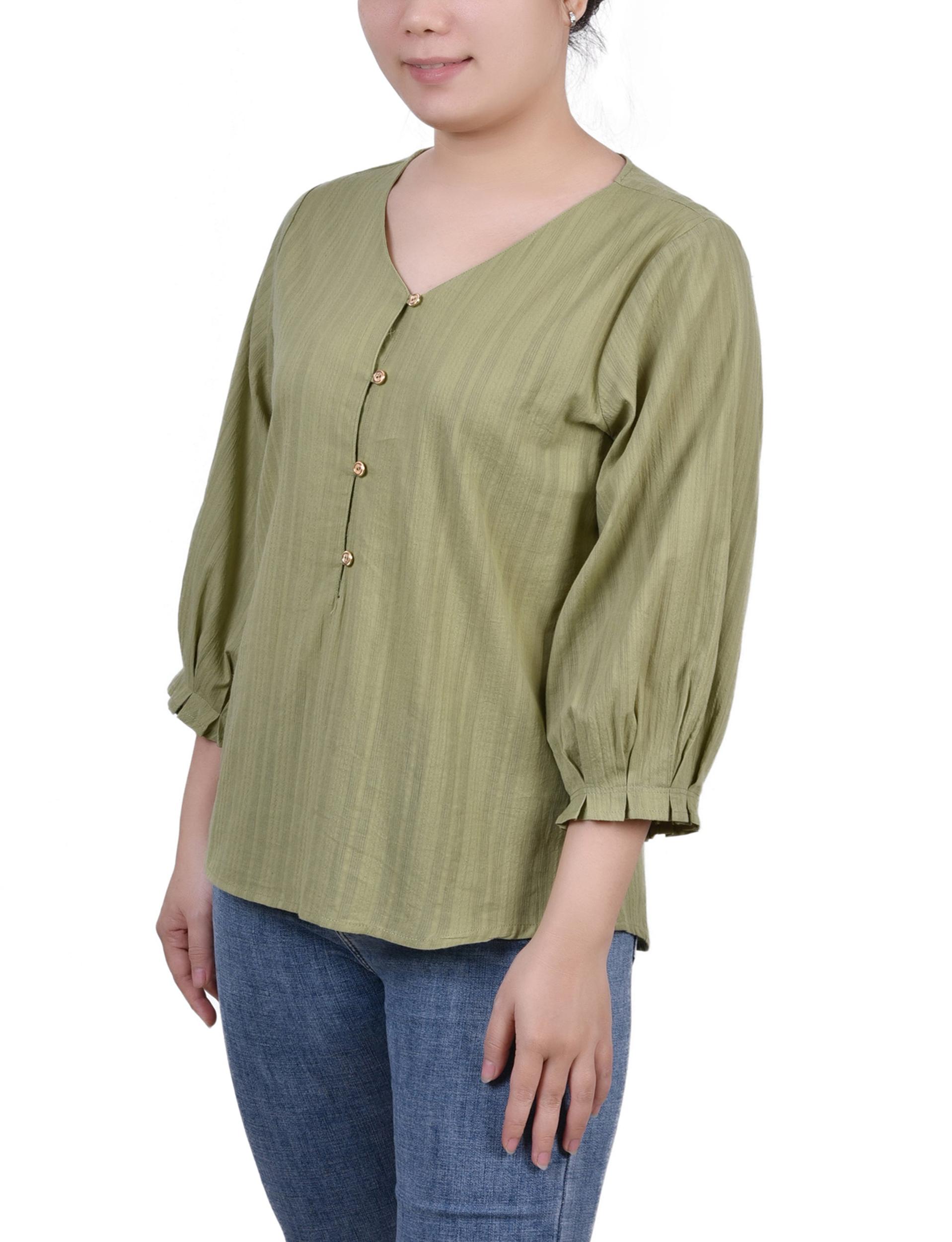 Green 3/4 Sleeve Button Placket Jacquard Blouse - Petite Product Image