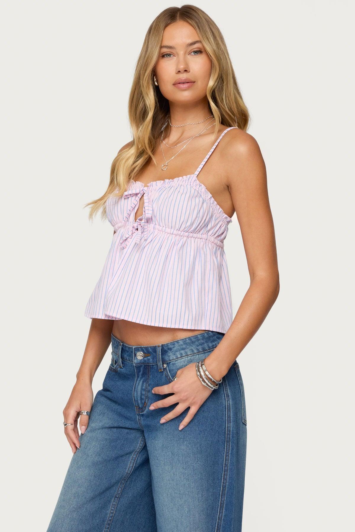 Avenly Striped Tie Front Babydoll Top Product Image